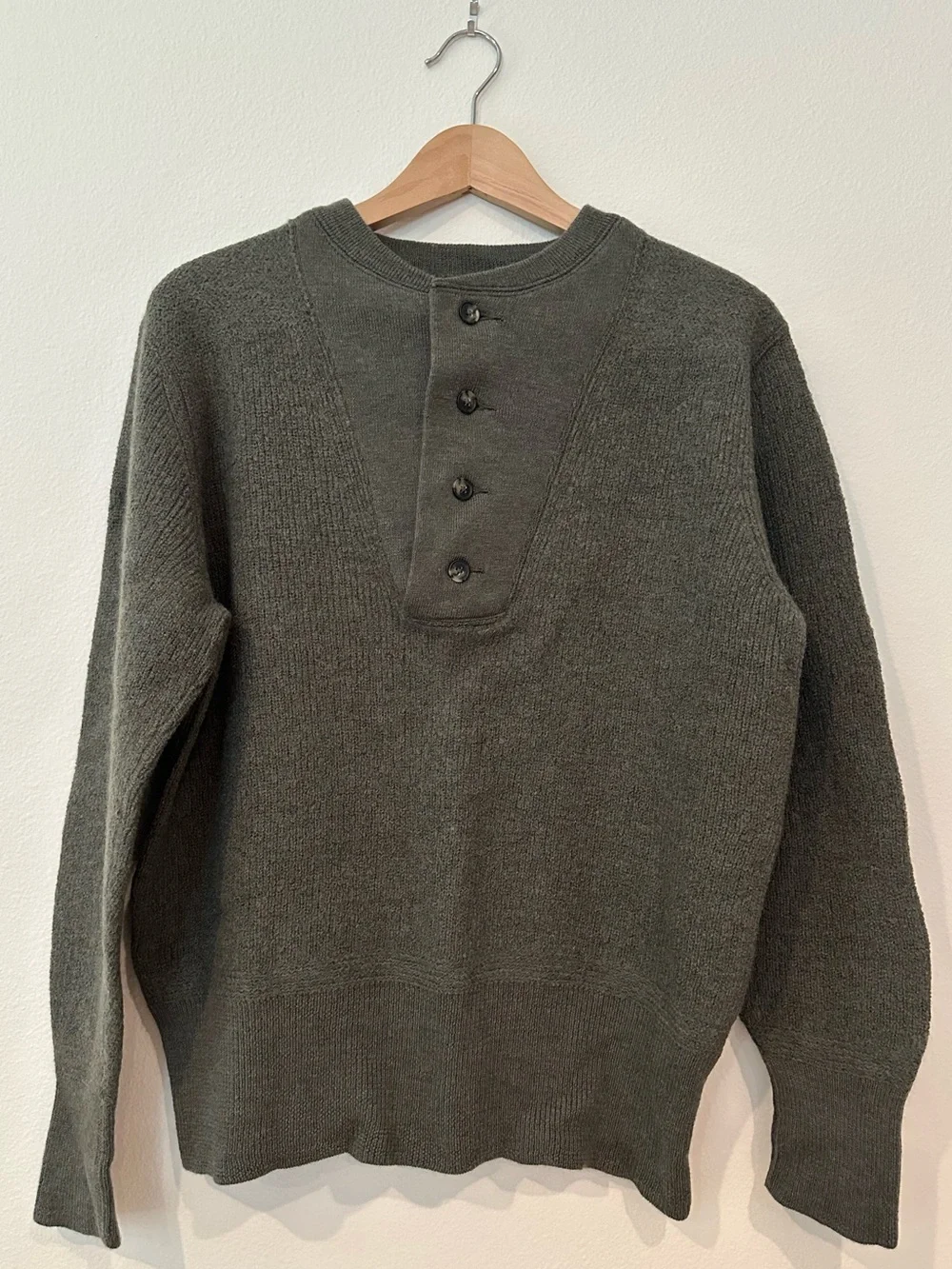 J Brand Olive Green Crewneck Henley Merino Wool Sweater Medium